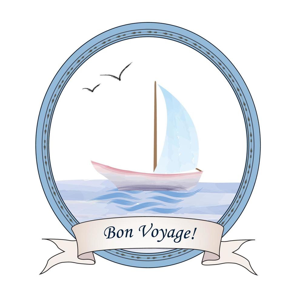 Sailboat trip in sea view. Summer holiday travel sign with Sail boat in frame. Greeting card with boat vector