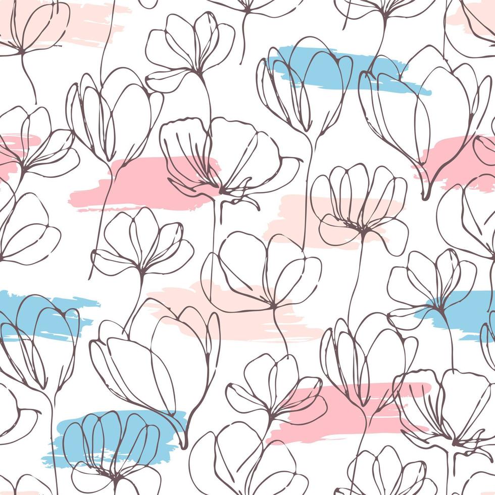 flores línea arte mano dibujar vector patrón sin costuras. patrón vectorial de dibujo a mano sin costuras. fondo con flores de estilo de arte de línea decorativa sin costuras. primavera y verano vector de patrones sin fisuras