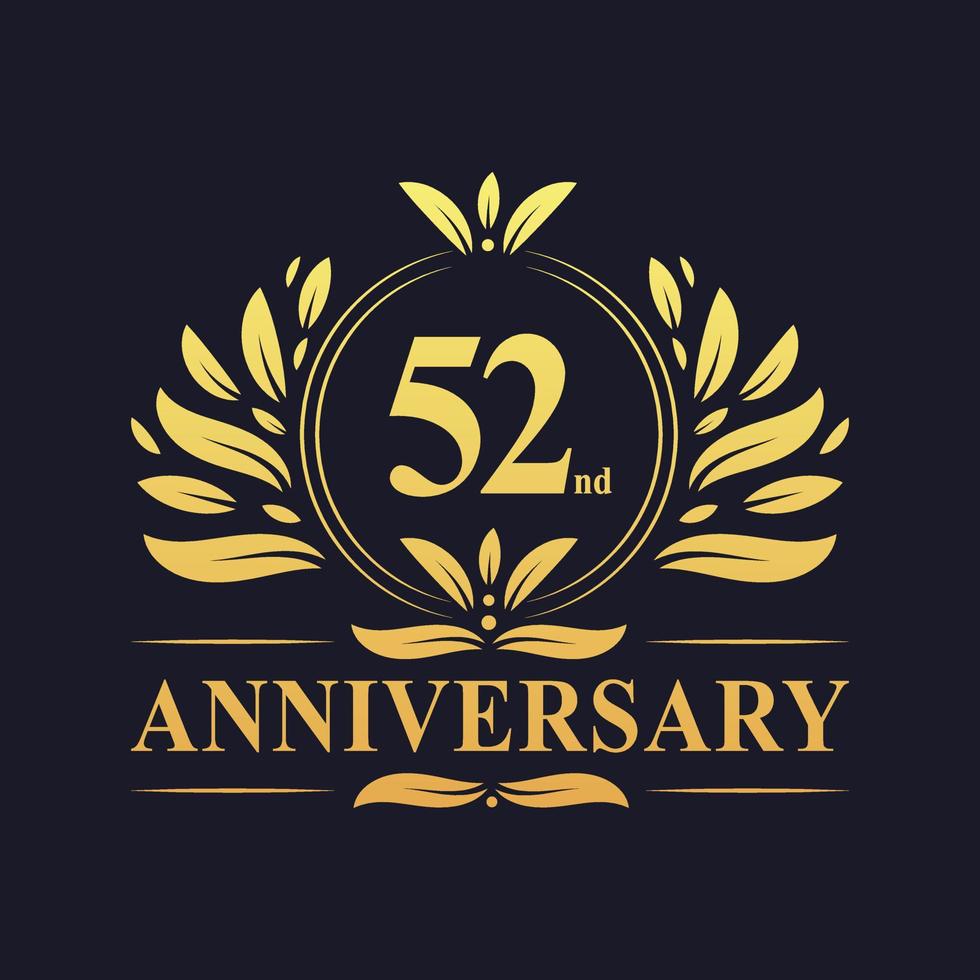 52nd Anniversary Design, luxurious golden color 52 years Anniversary logo. vector