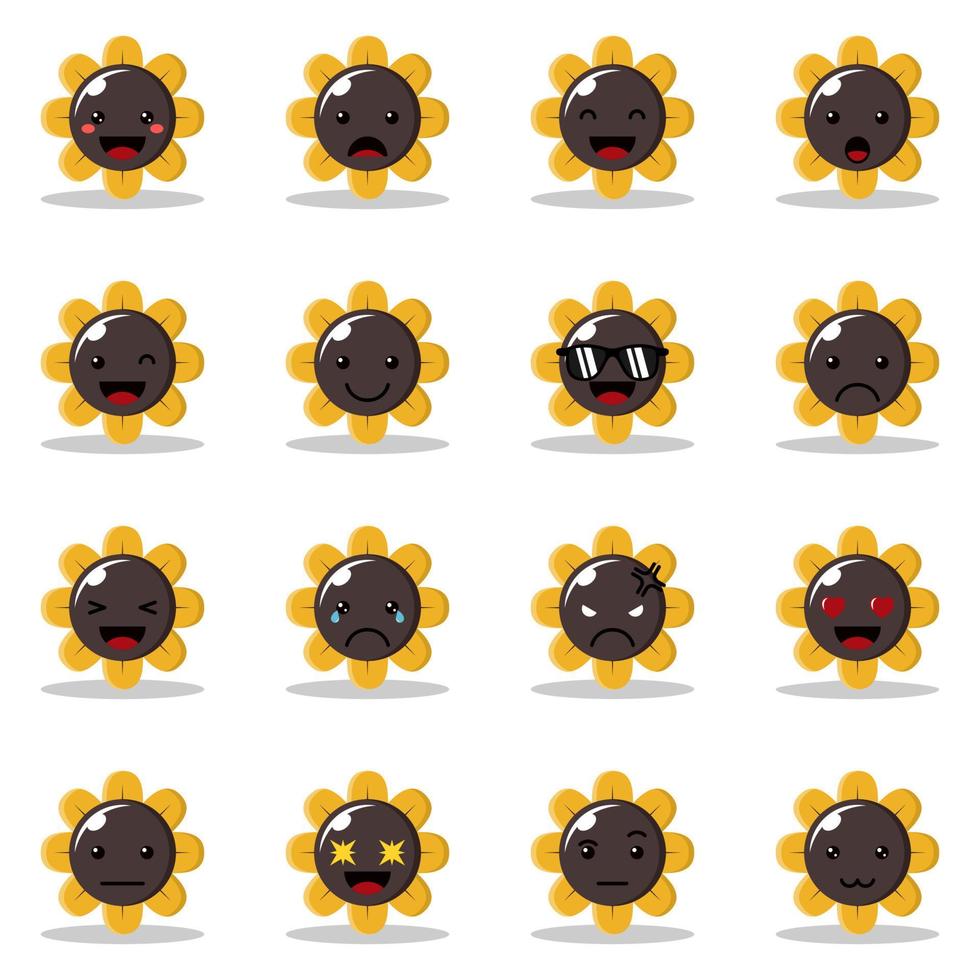 carácter de emoticono de flor de sol con icono de vector de expresión diferente