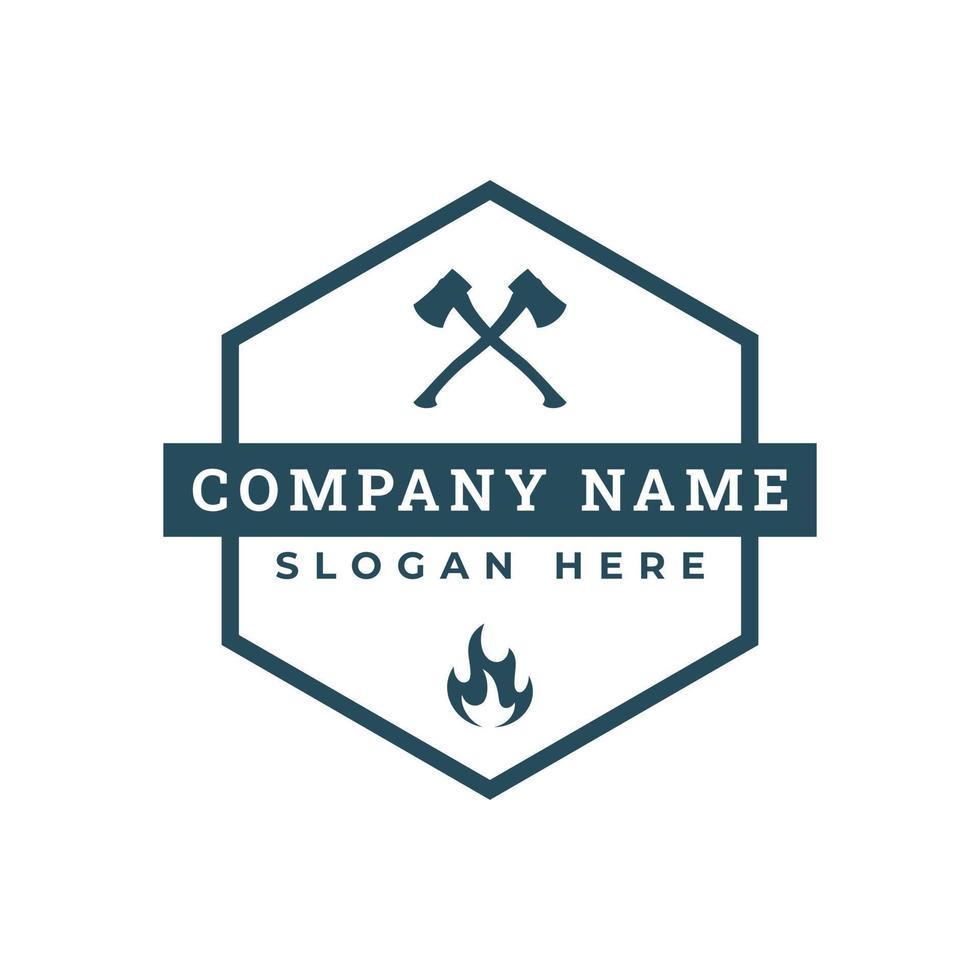 Hexagon, Fire and Crossed Axe Badge Label Logo Design Vector