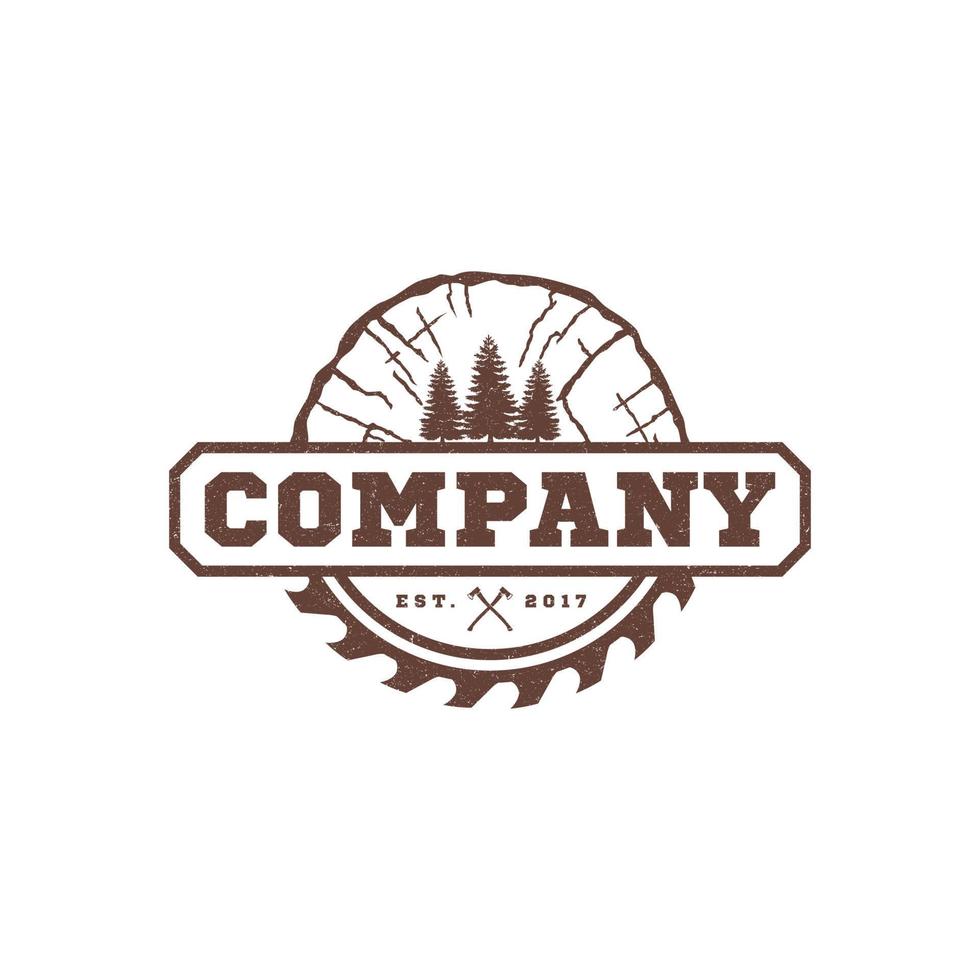 Evergreen Tree with Circular Saw Blade and Crossing Axe for Sawmill Carpentry Vintage Logo Design Vector