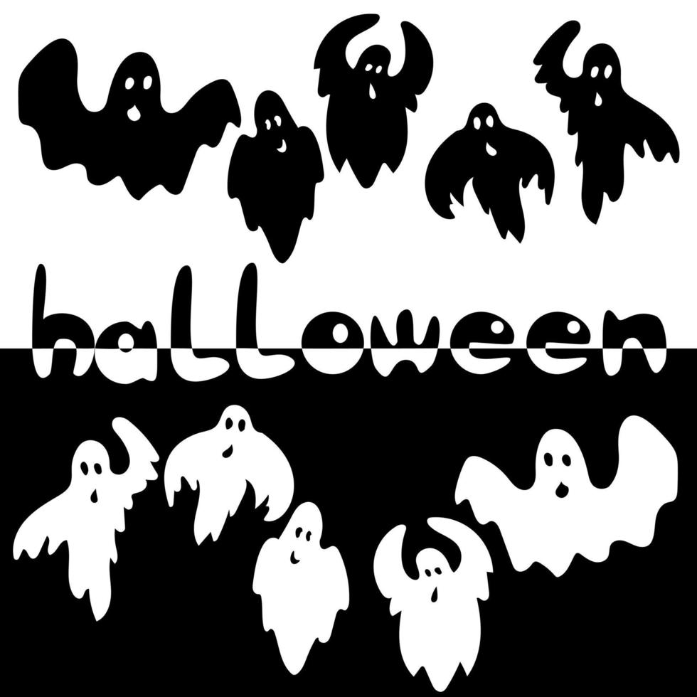 Set of silhouettes of ghosts for halloween in dark and light, themed black and white lettering vector