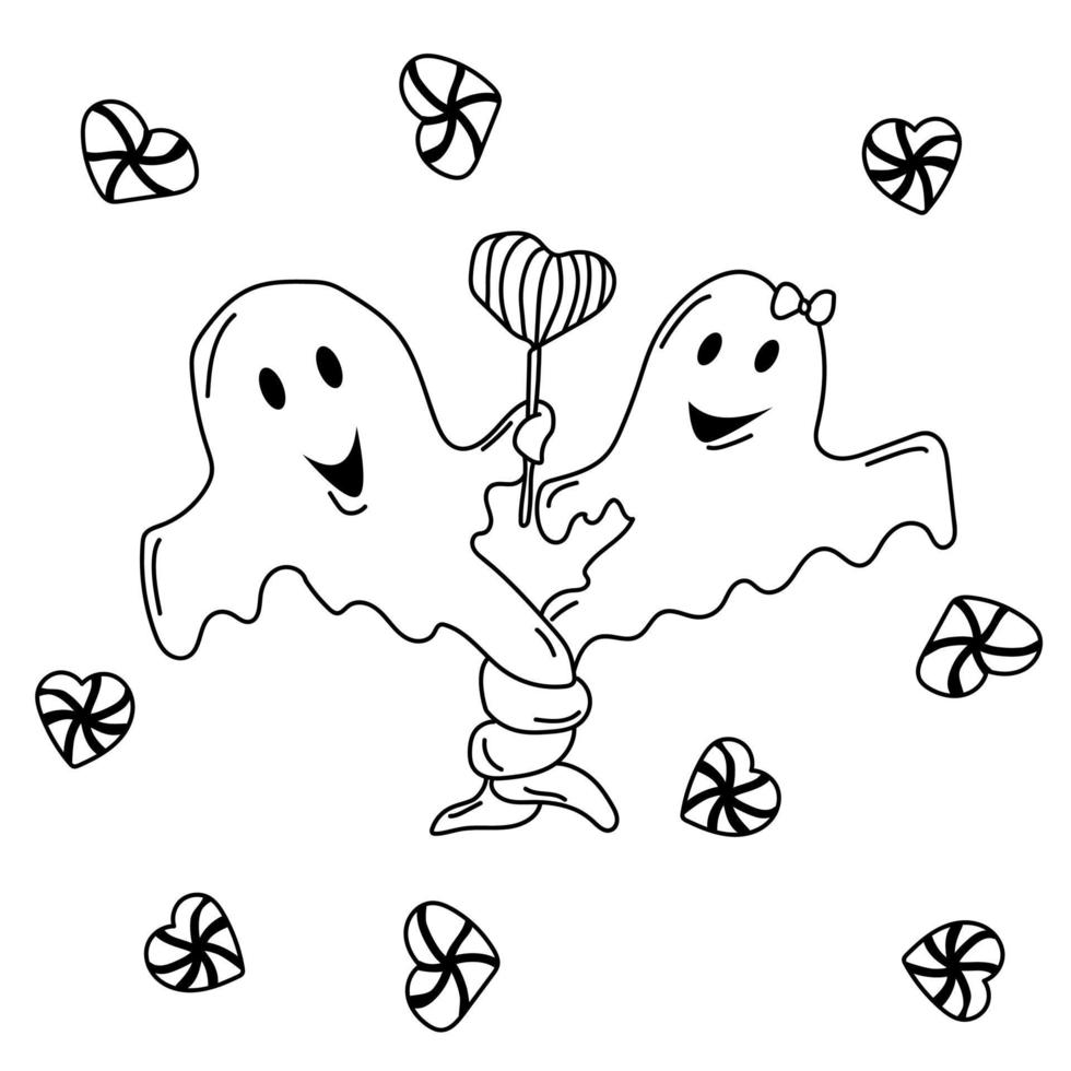 A couple of happy Halloween ghosts, horror stories in love and striped candies around, coloring page with funny characters vector