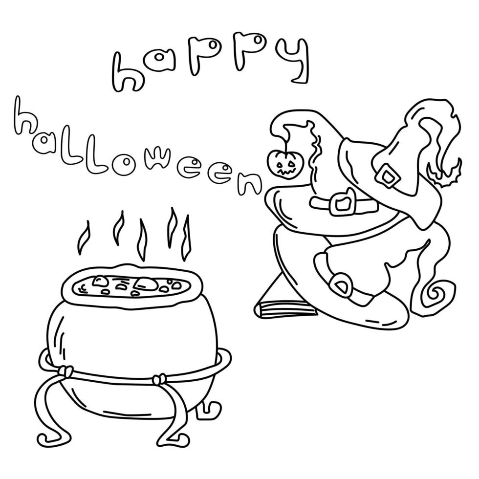 Coloring page cauldron with a potion and a stack of hats on a book, witch's hats for the holiday, an outline drawing and a thematic inscription vector
