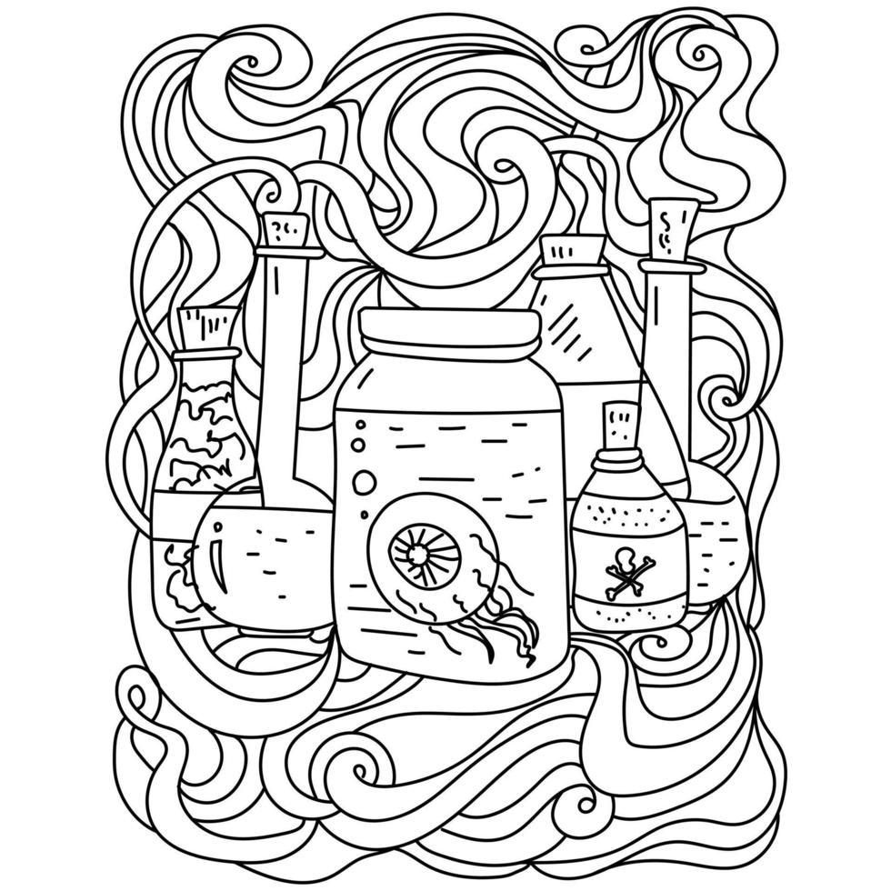 Halloween coloring page, magic flasks and jars on the background of abstract patterns vector