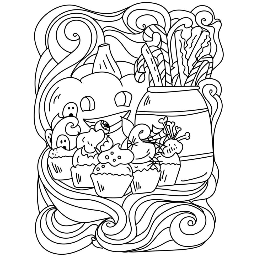 Halloween coloring page with sweet scary pastries, sweets and pumpkin vector