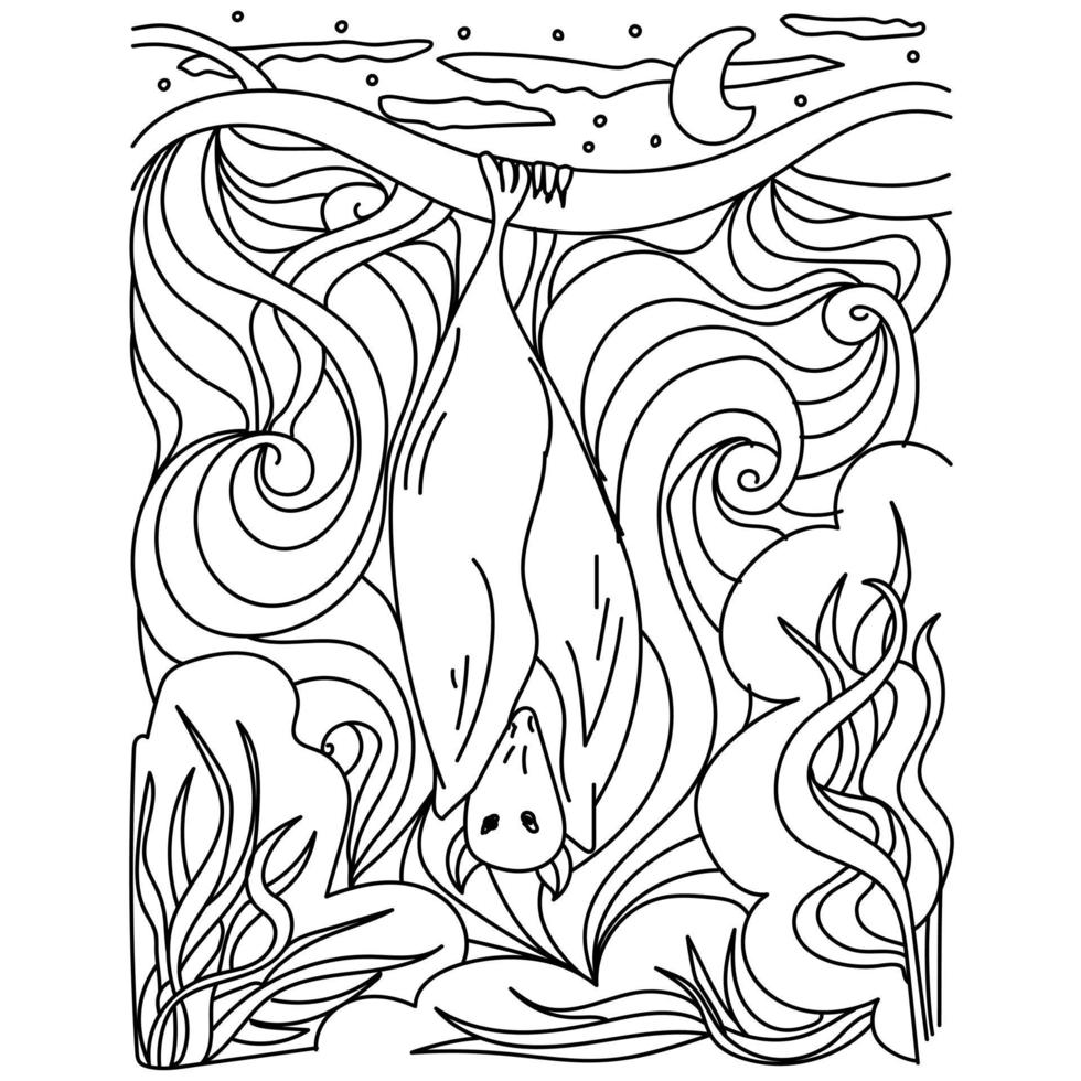 Halloween coloring page, sleeping bat on a tree branch in the forest vector