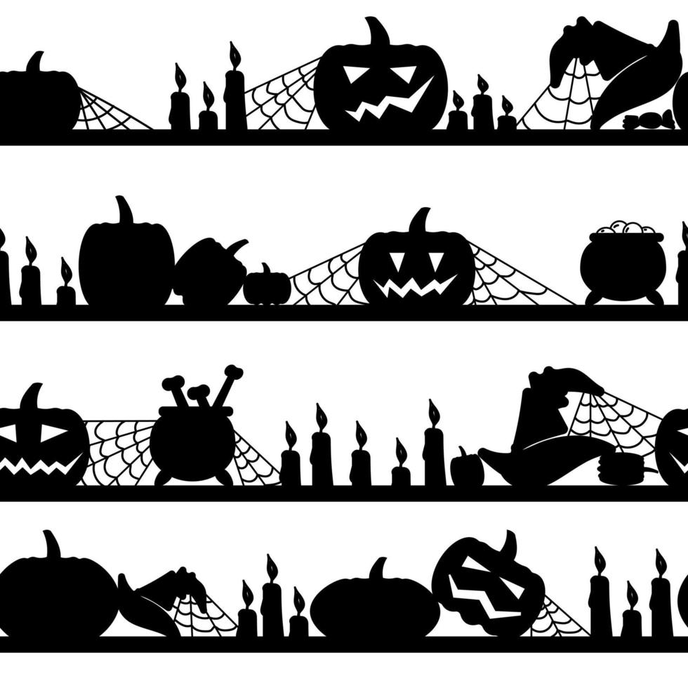 un conjunto de bordes horizontales sobre el tema de halloween, objetos sisólicos y atributos para la festividad en vista de las siluetas de color negro vector