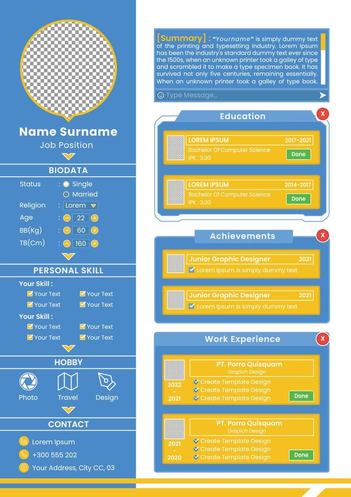 Professional Curriculum Vitae Games Design Template vector