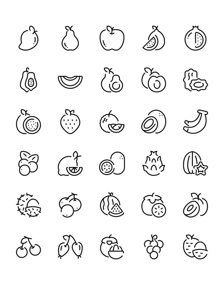 conjunto de iconos de frutas 30 aislado sobre fondo blanco vector