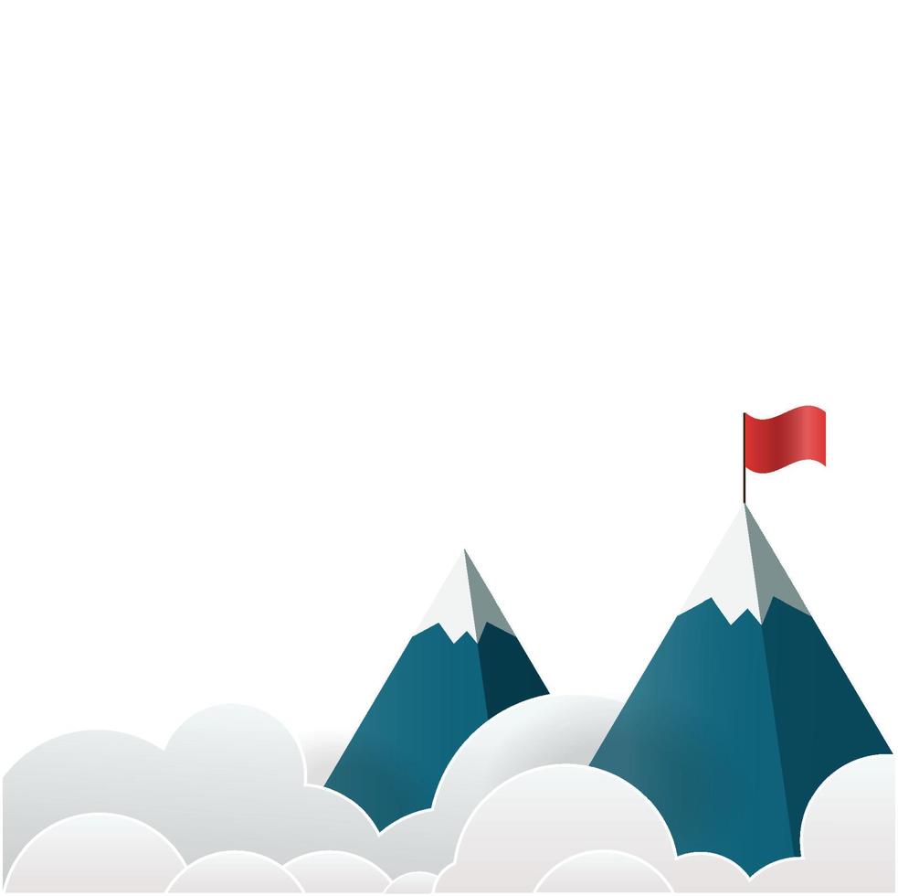 Paper art landscape with flag on the mountain. Success concept illustration. Overcoming difficulties. vector