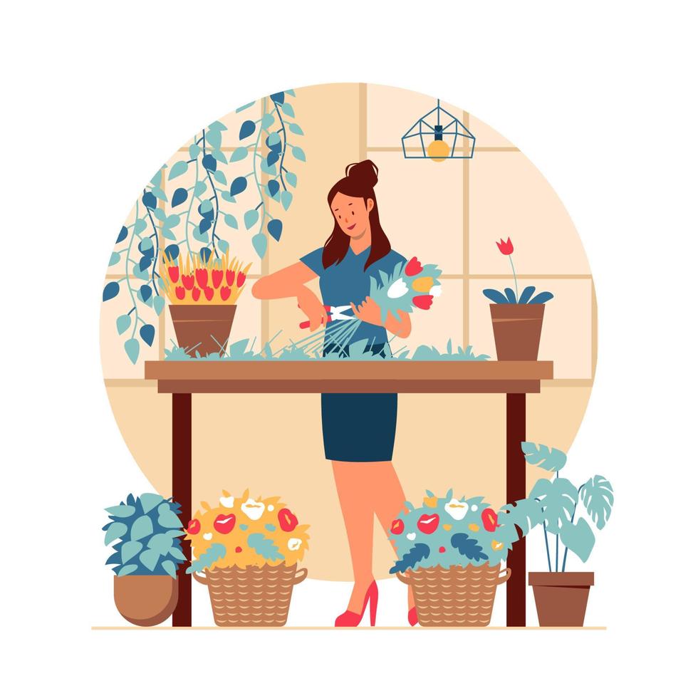 florista mujer haciendo ramo de flores vector