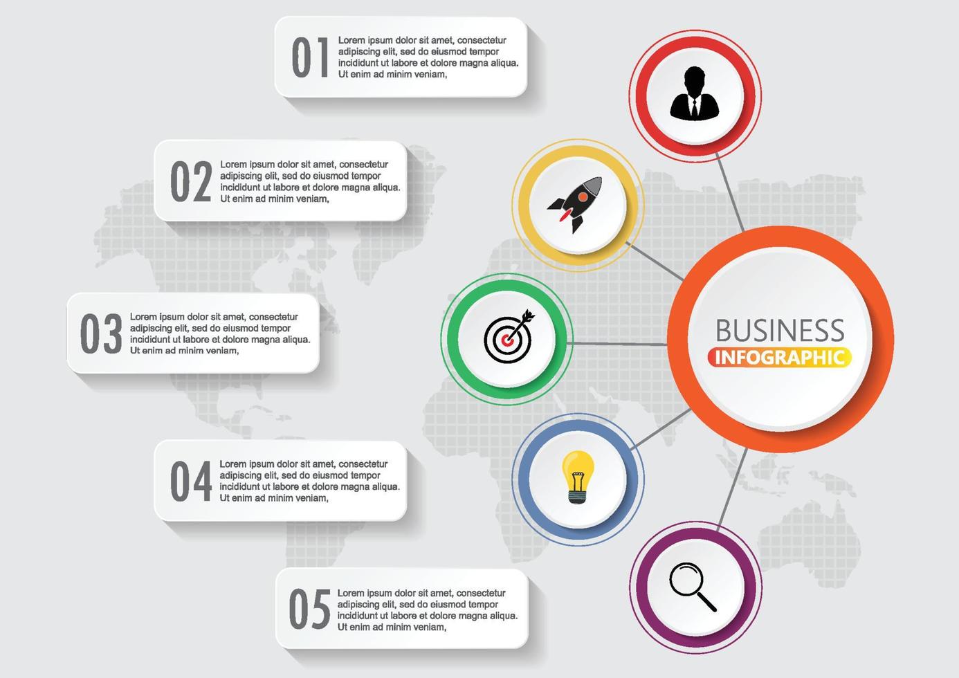 El vector de diseño de infografías y los iconos de marketing se pueden utilizar para el diseño de flujo de trabajo, diagrama, informe anual, diseño web. concepto de negocio con 5 opciones, pasos o procesos.