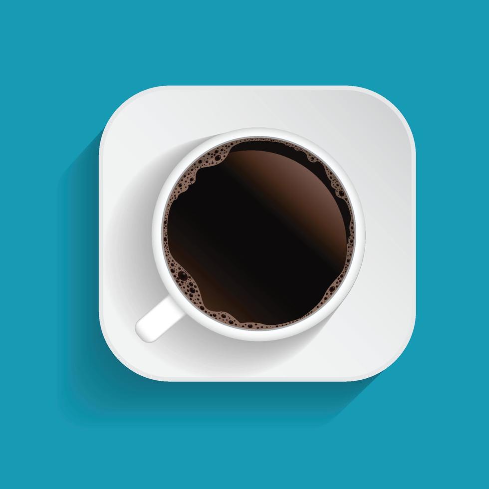 vista superior realista taza de café negro y platillo aislado sobre fondo azul. ilustración vector