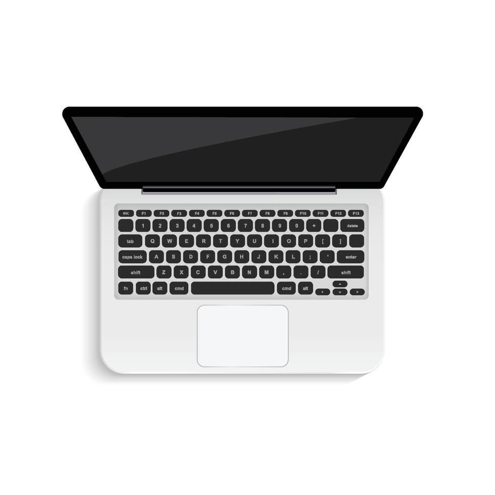 Realistic laptop illustration on background. Top view. vector