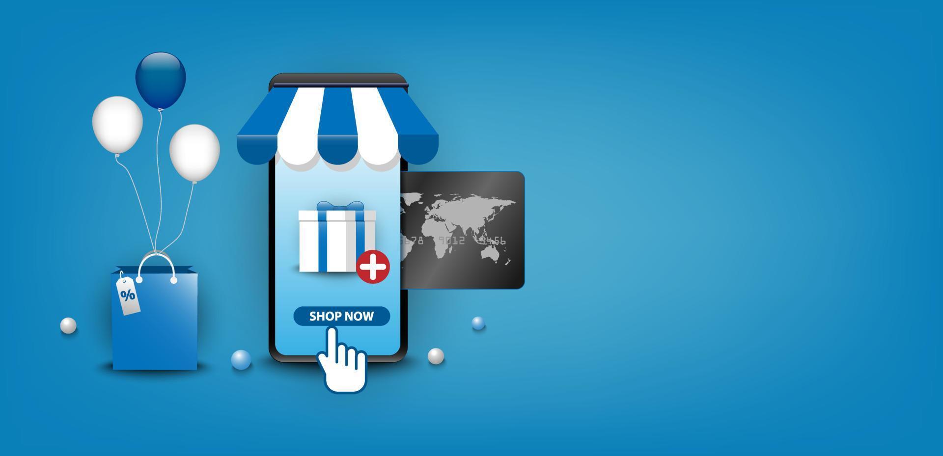 las compras en línea. m-commerce de tecnología digital en la tienda de aplicaciones para teléfonos inteligentes. móvil, redes sociales, tarjeta de crédito, caja de regalo, globo, bolsa. concepto gráfico azul. ilustrador de vectores. vector