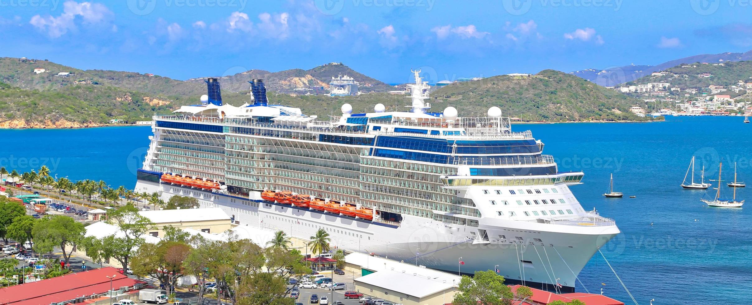 Cruise ship docked near Saint Thomas Island on a Caribbean Vacation cruise photo