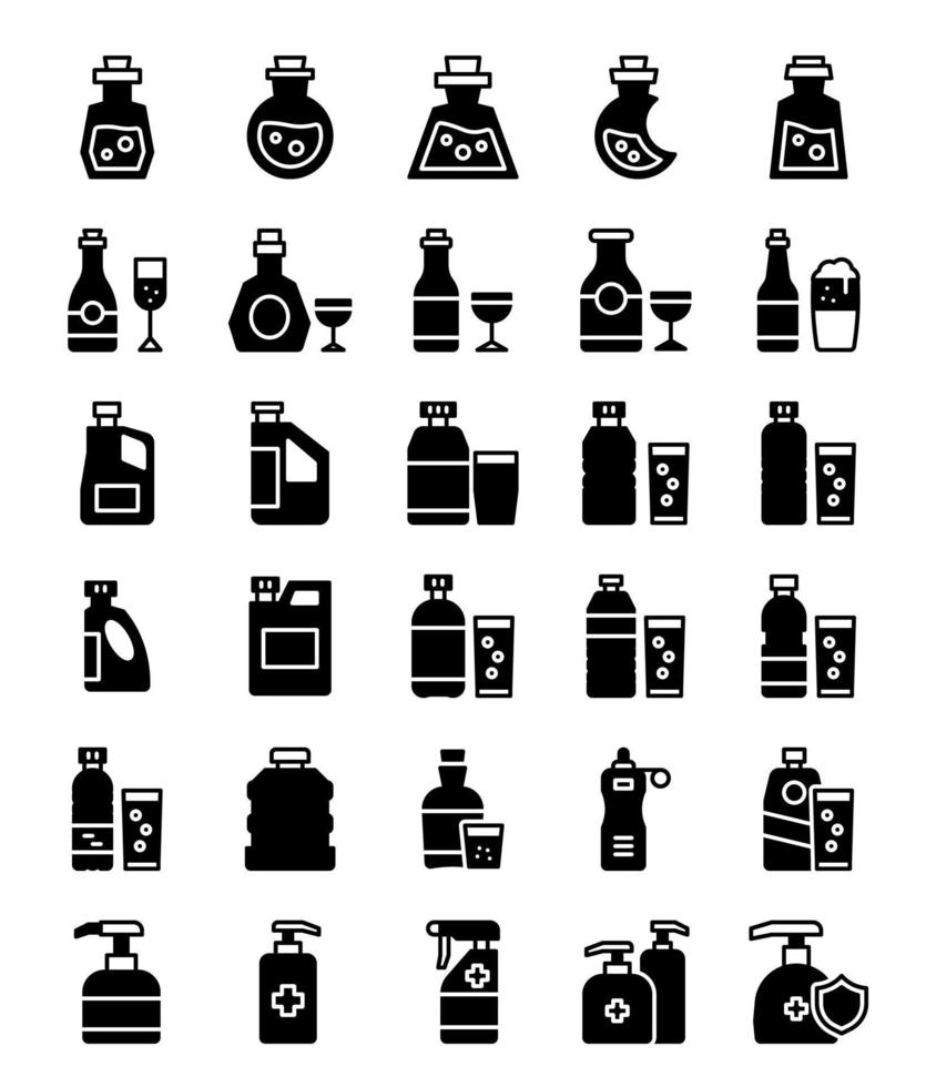 set of bottle silhouette black solid glyph icons vector