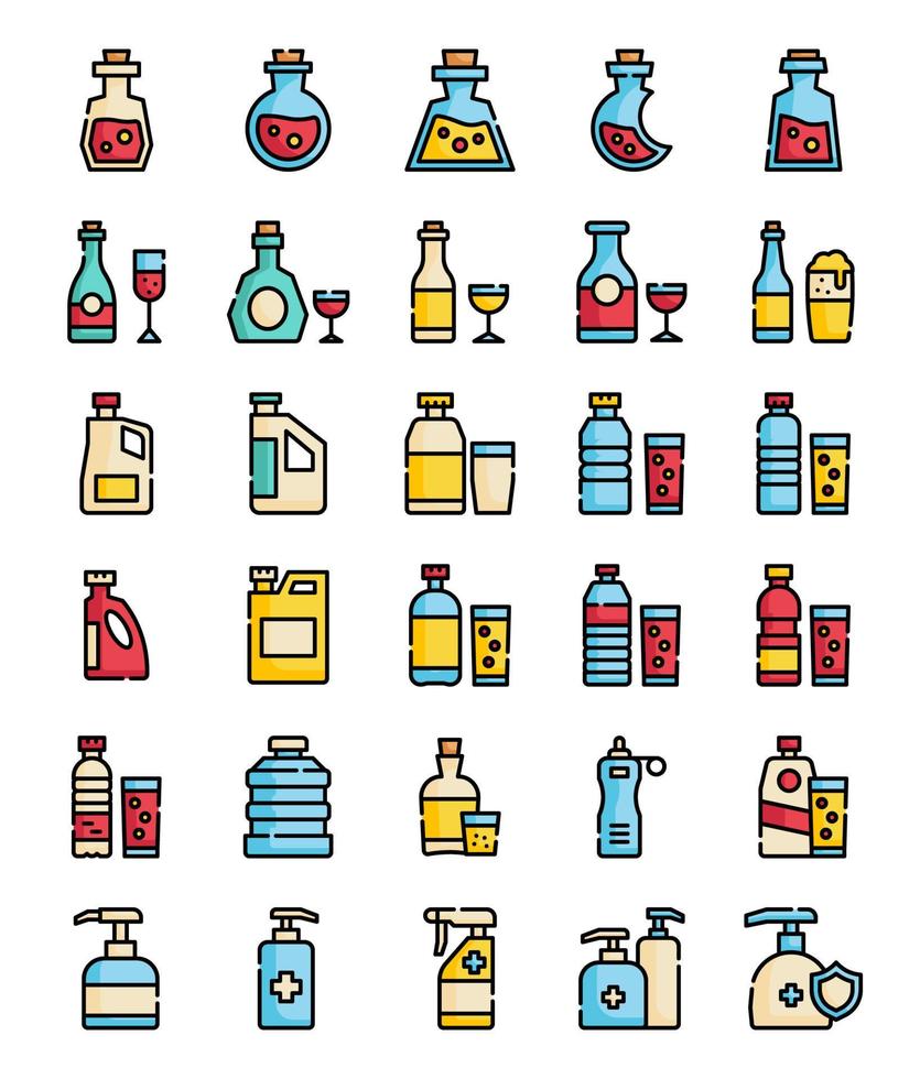 conjunto de iconos de contorno lleno de botella vector