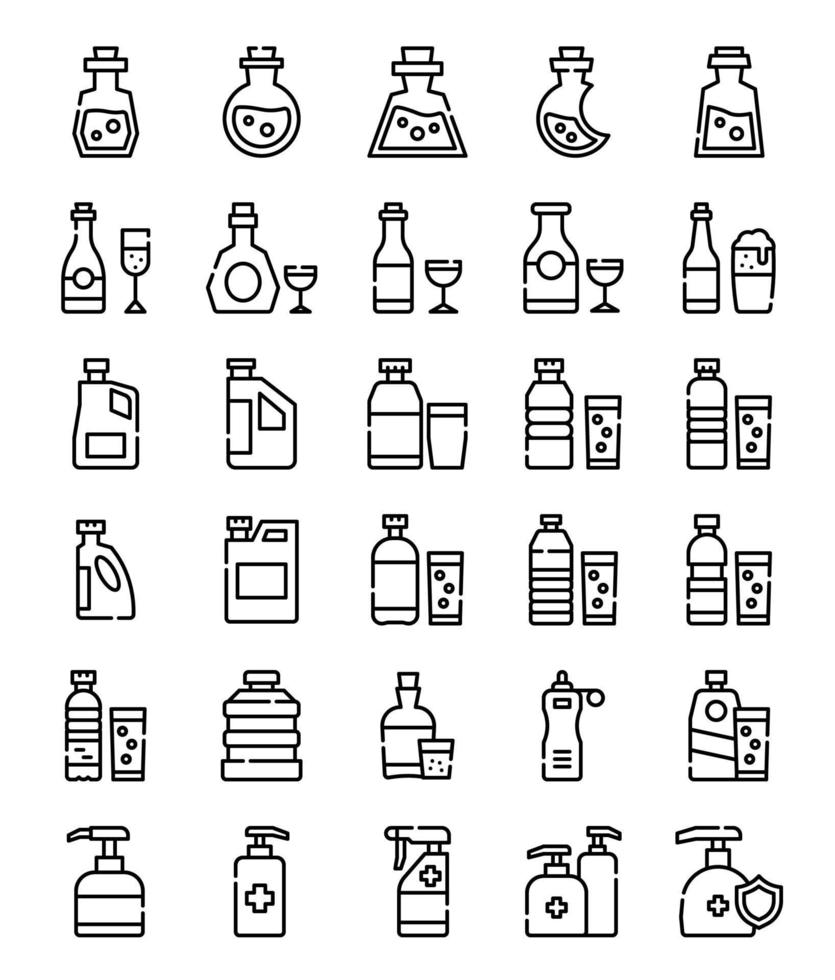 set of bottle simple line icons set vector