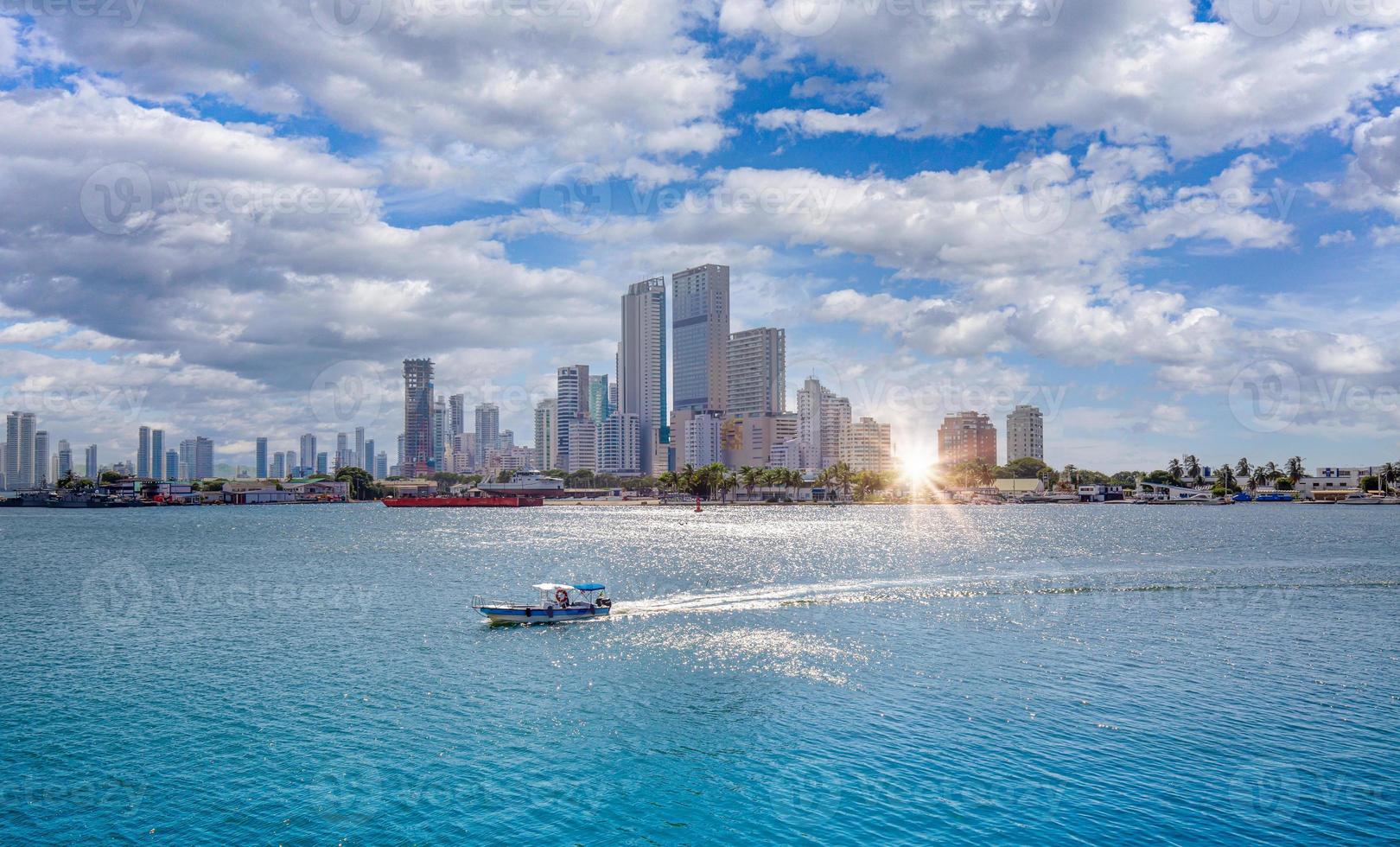 Colombia, wide-angle view of scenic Cartagena bay Bocagrande and panoramic city skyline photo