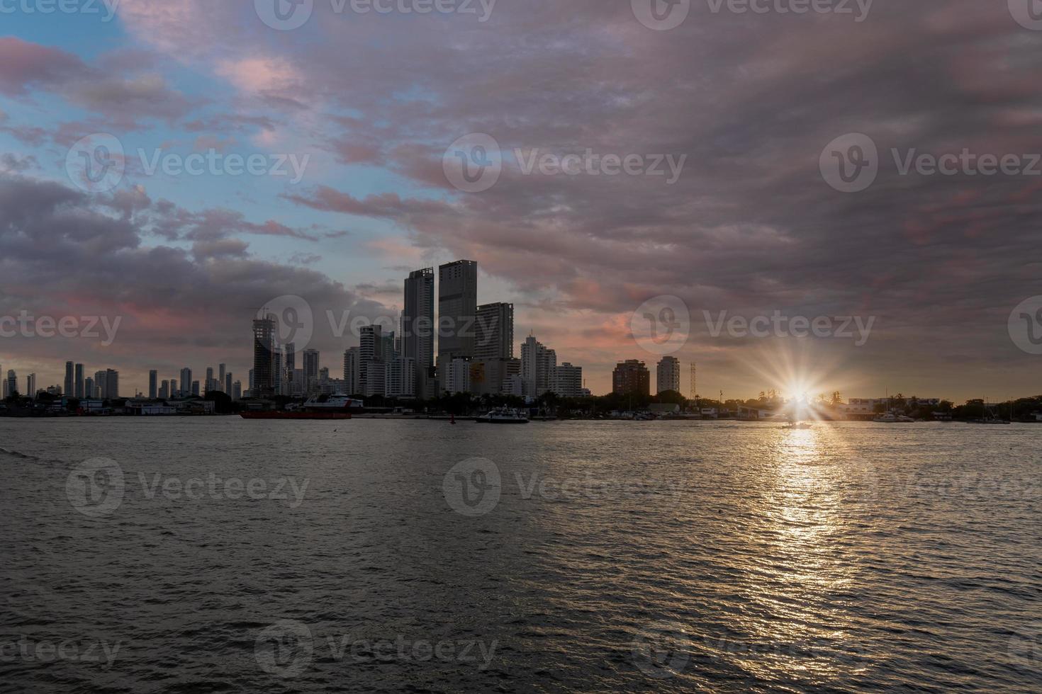 Colombia, scenic Cartagena bay Bocagrande and city skyline at sunset photo