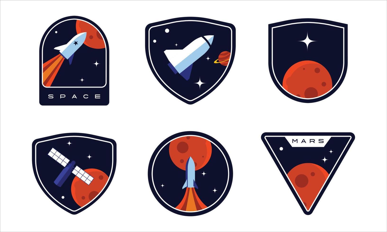 conjunto de insignias espaciales, parches, emblemas, insignias y etiquetas. exploración de galaxias y diseño de vectores de misiones de astronautas.