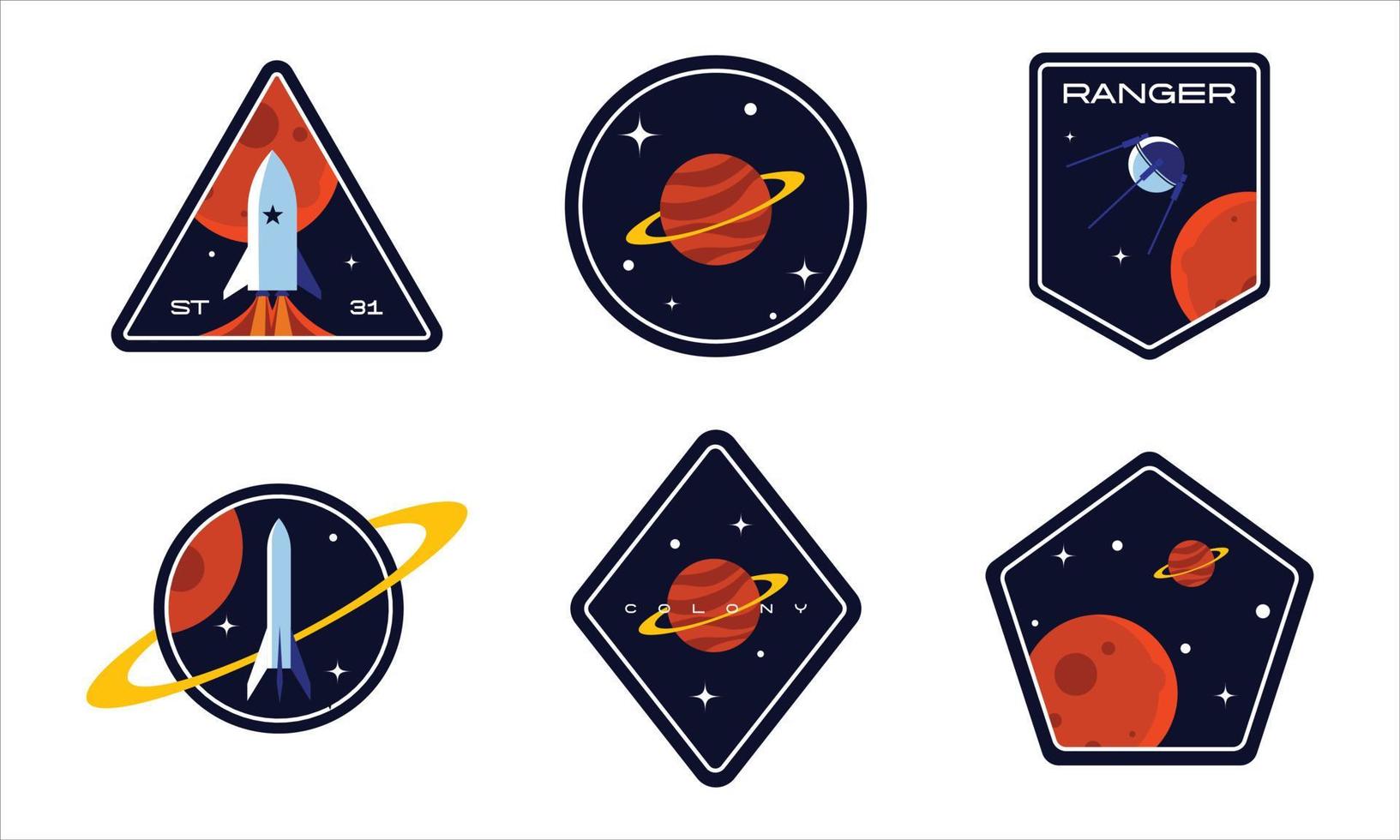 conjunto de insignias espaciales, parches, emblemas, insignias y etiquetas. exploración de galaxias y diseño de vectores de misiones de astronautas.