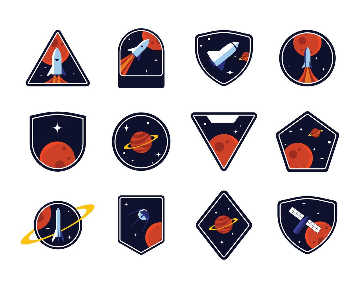 conjunto de insignias espaciales, parches, emblemas, insignias y etiquetas. exploración de galaxias y diseño de vectores de misiones de astronautas.