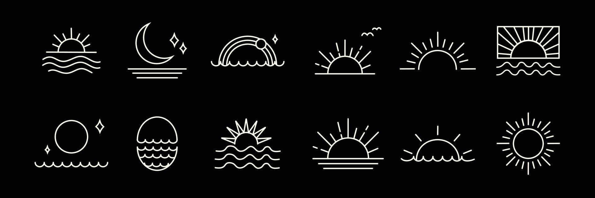conjunto de recopilación de puesta de sol o amanecer. logotipo de sol en icono y símbolo de estilo boho. ilustración de elemento de vector para la decoración en estilo moderno minimalista. diseño de naturaleza bohemia.