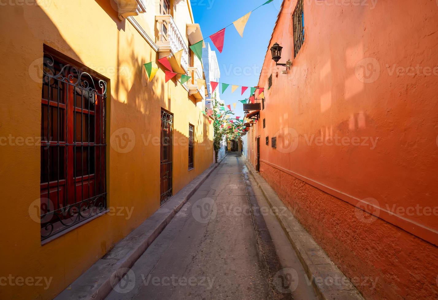 Colombia, Scenic colorful streets of Cartagena in historic Getsemani district near Walled City, Ciudad Amurallada, a UNESCO world heritage site photo