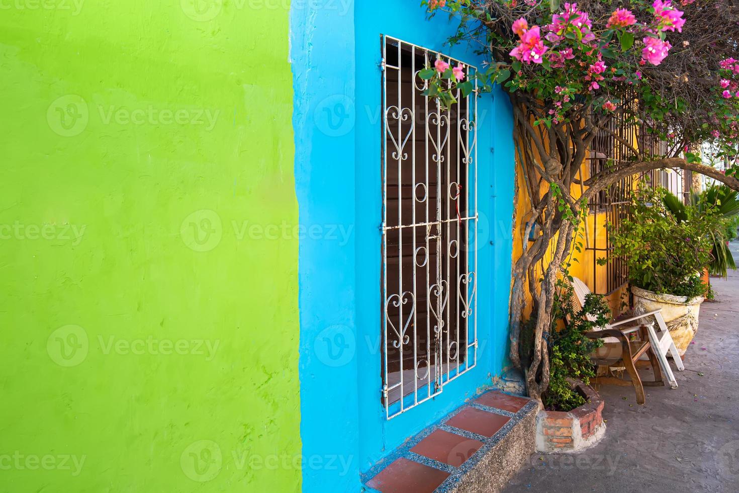 Colombia, Scenic colorful streets of Cartagena in historic Getsemani district near Walled City, Ciudad Amurallada, a UNESCO world heritage site photo