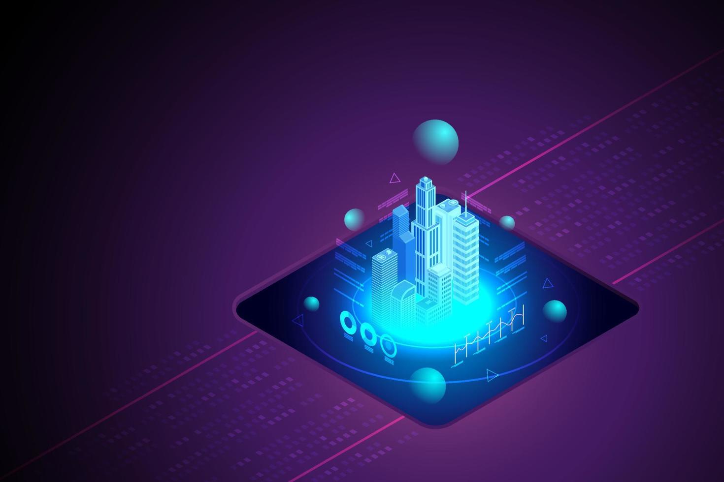 Hologram city on purple background . vector