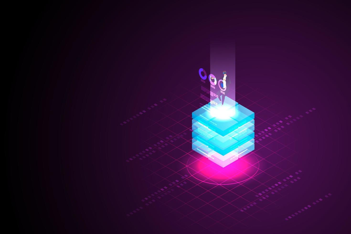 Metaverse, man use online vr headphones connect to virtual reality. vector