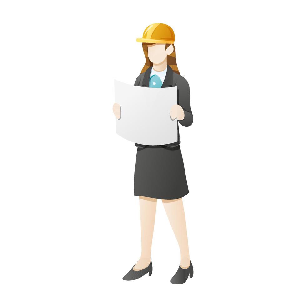 mujer de negocios usa casco de construcción y abre el plano vector