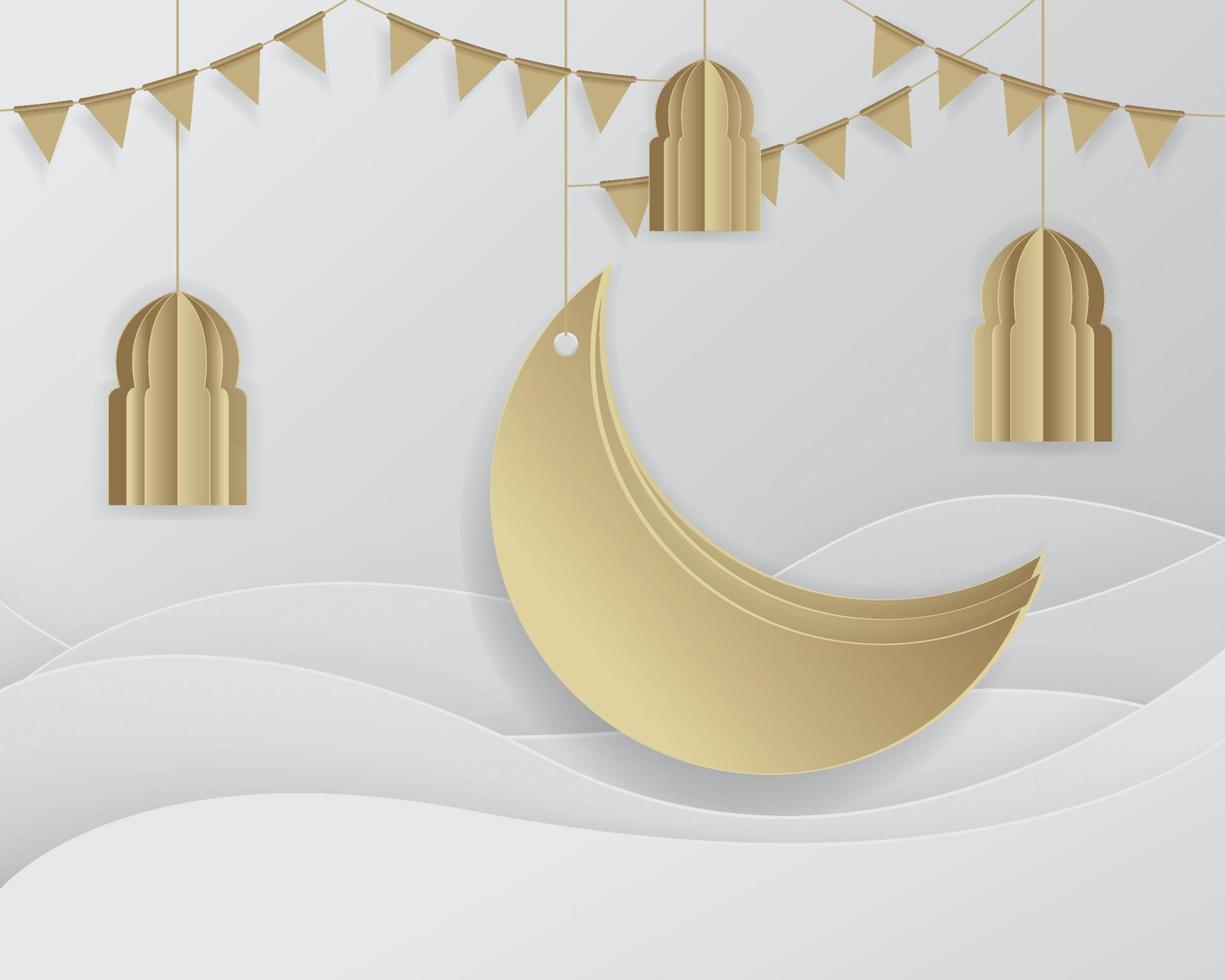 Ramadan Background Islamic crescent moon. Paper graphic of Islamic decoration, Crescent moon and Arabic ornate. Vector illustration