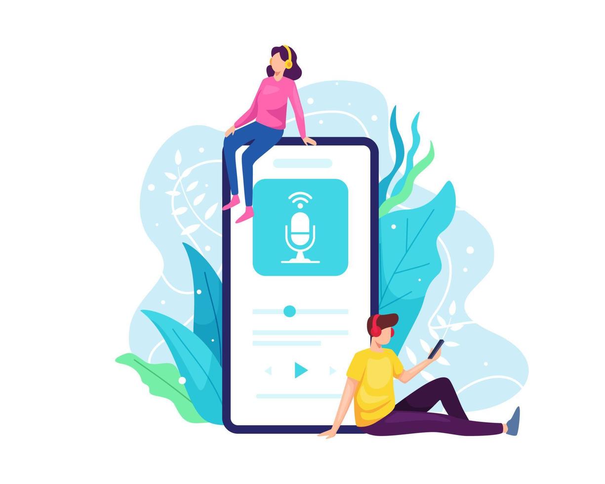 Listen to podcast with smartphone vector