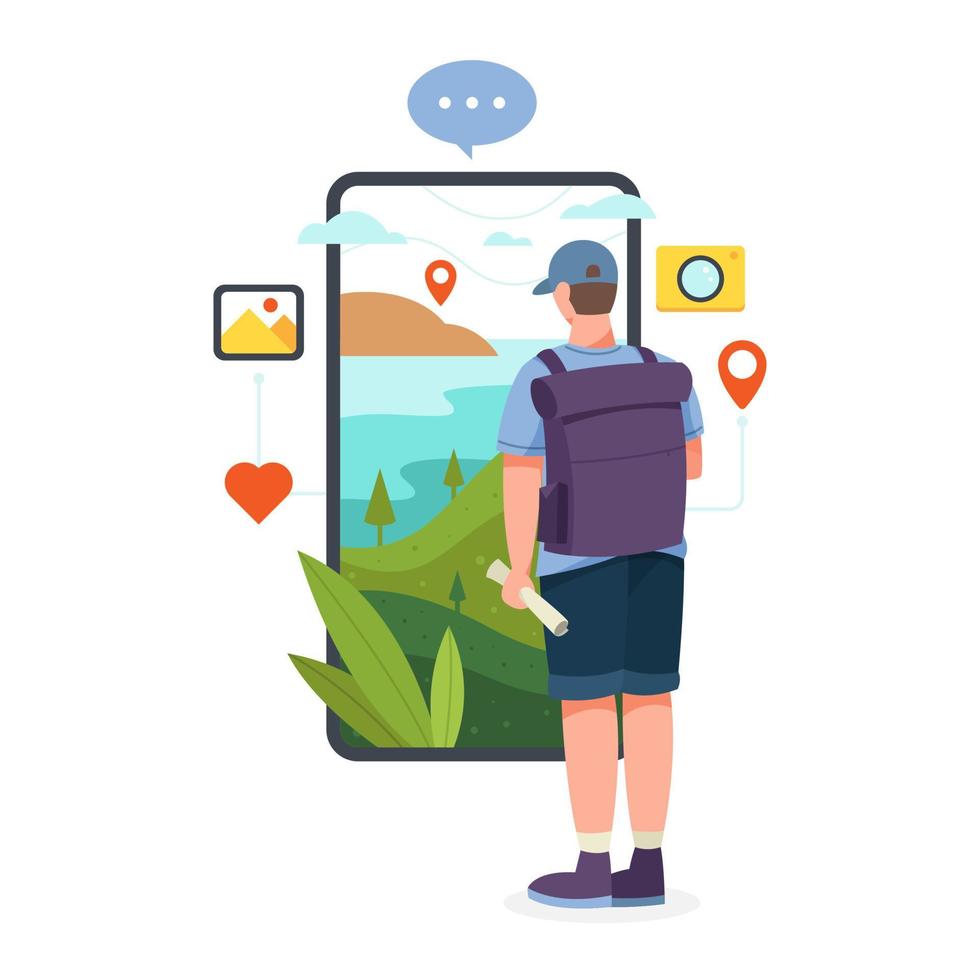 Man stand in front of smartphone screen holding map and backpack vector