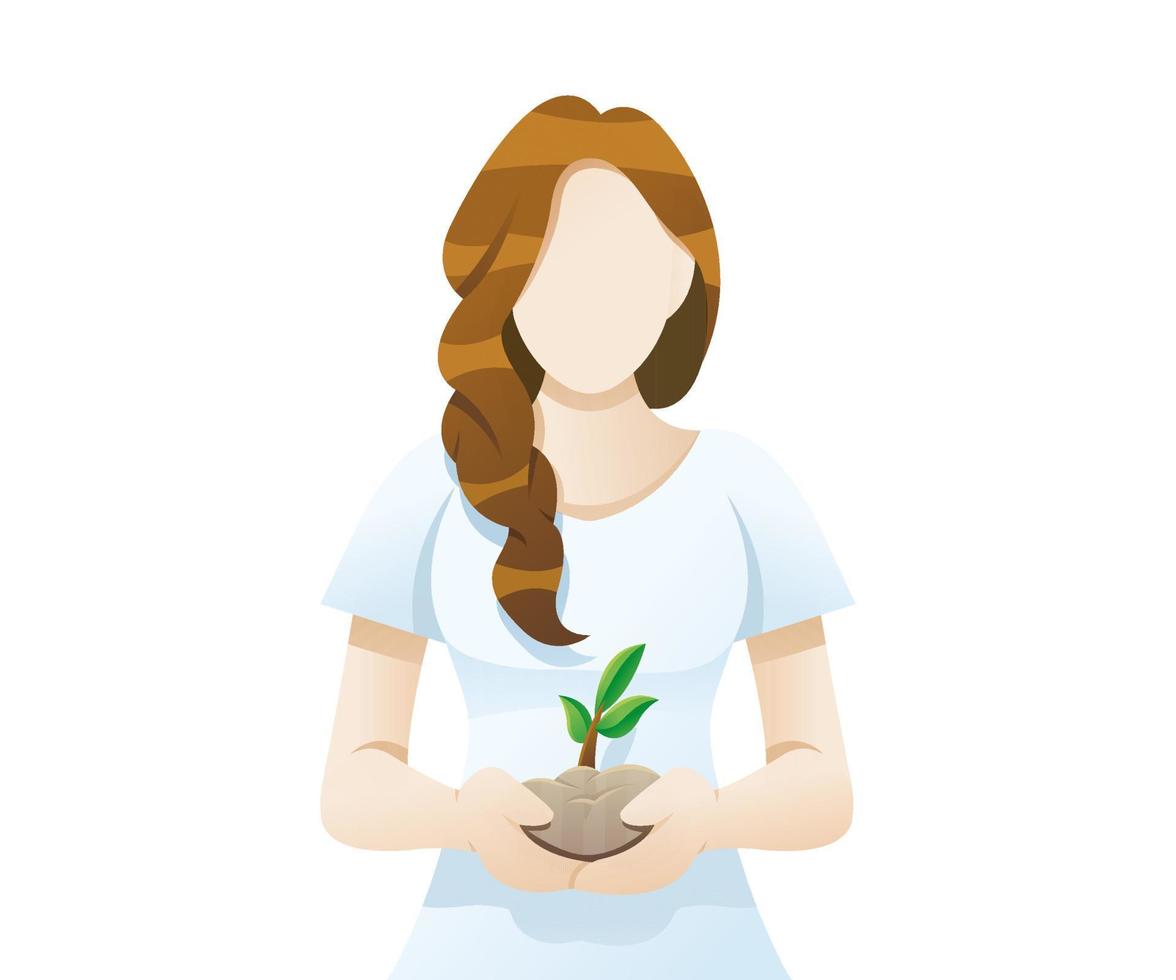 Young woman holding soil and flower in her hand vector