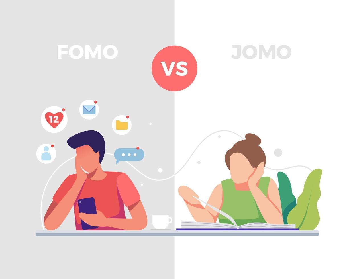 Concept illustration Fear of missing out vs Joy of missing out vector