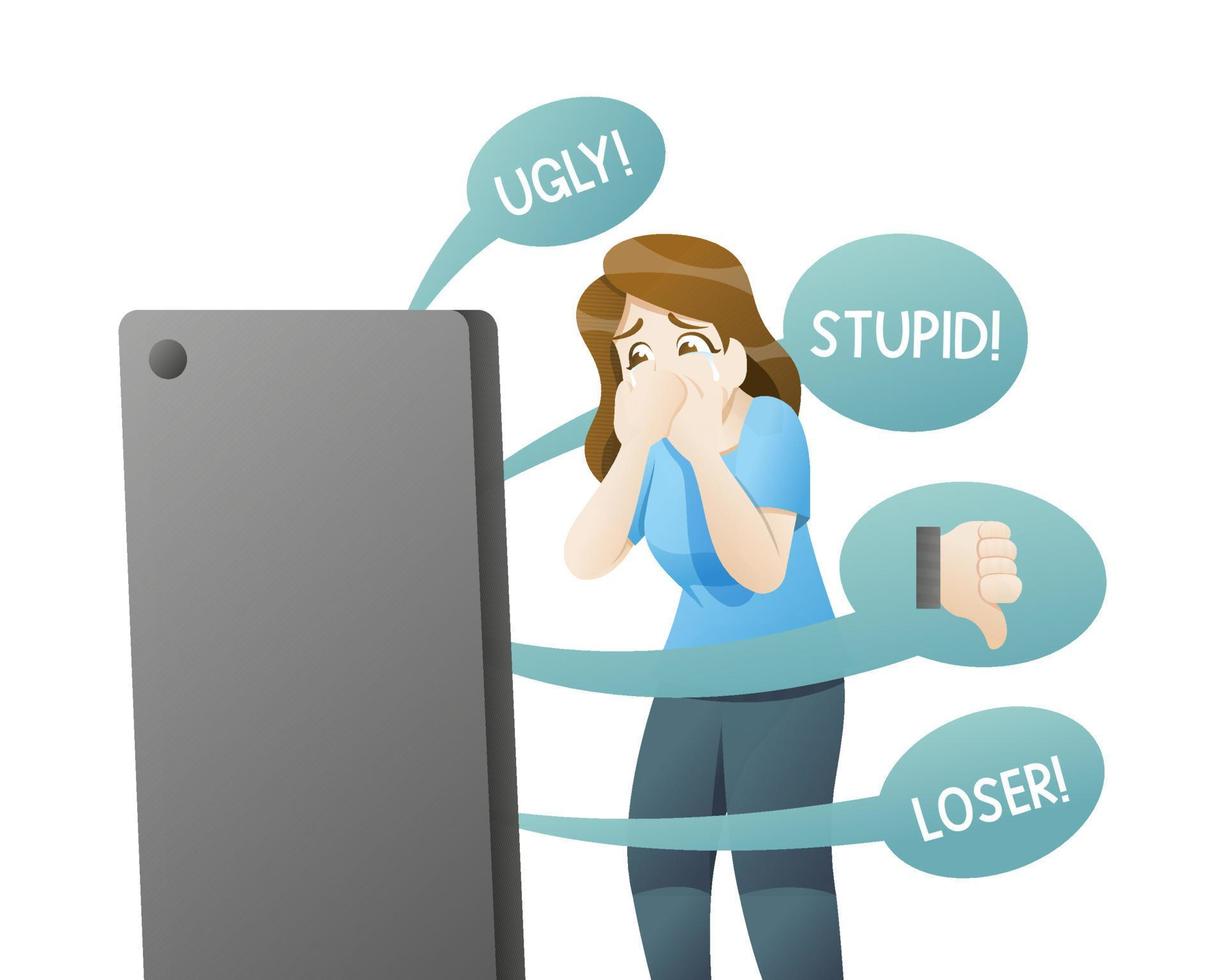Sad girl of cyber bulling by cell phone vector