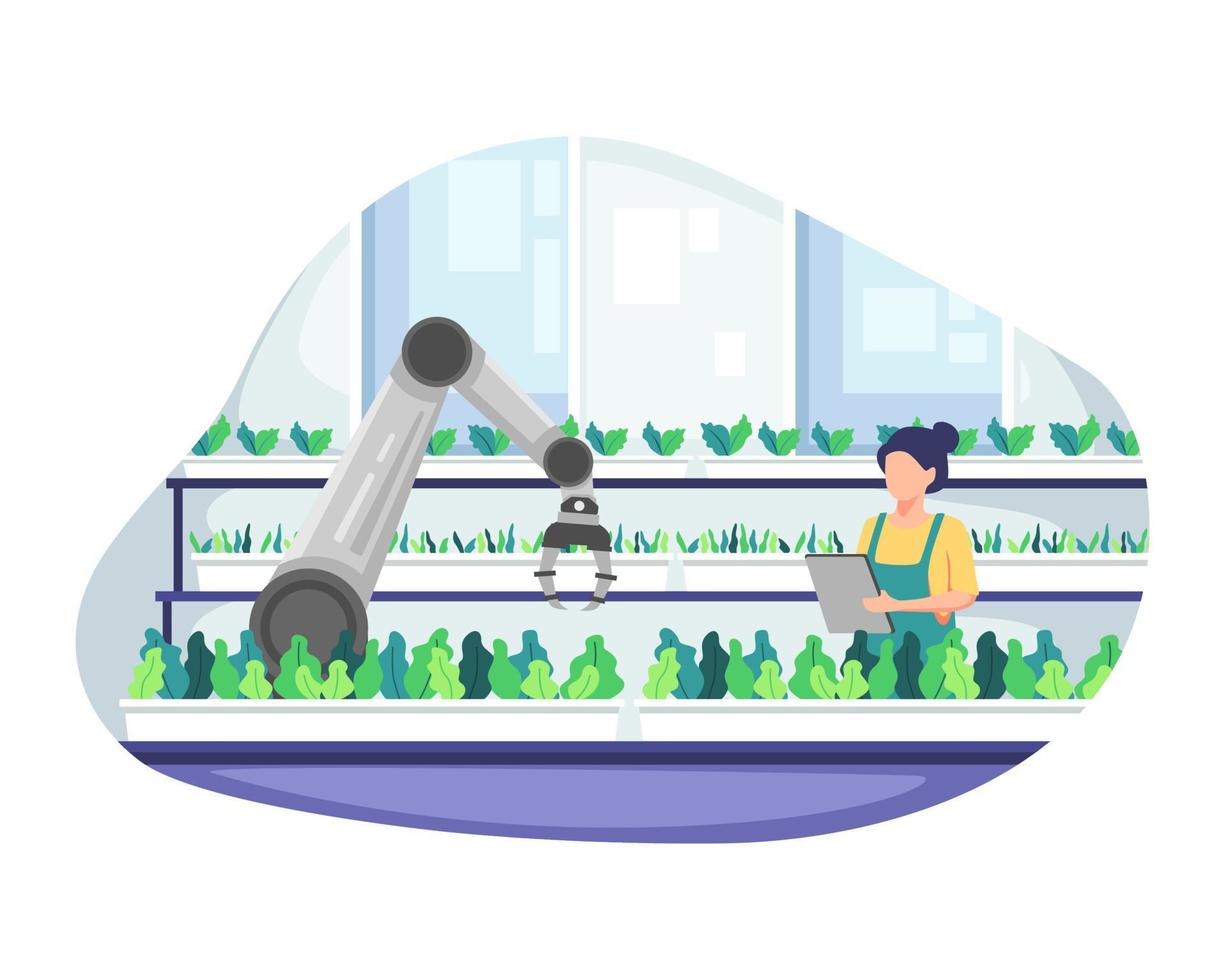 Young female farmer holding tablet checking vegetables vector