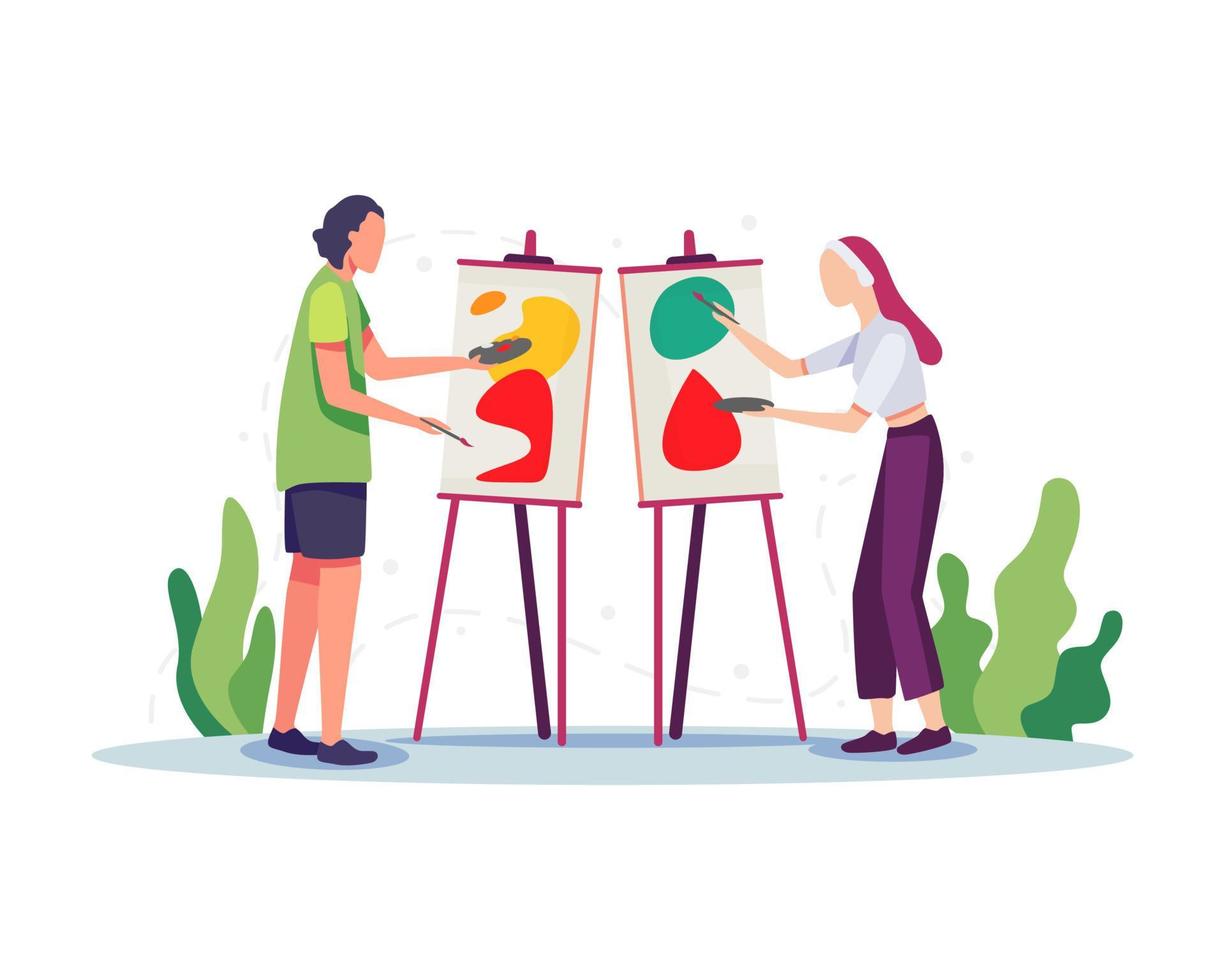 Artists painting on canvas flat illustration vector