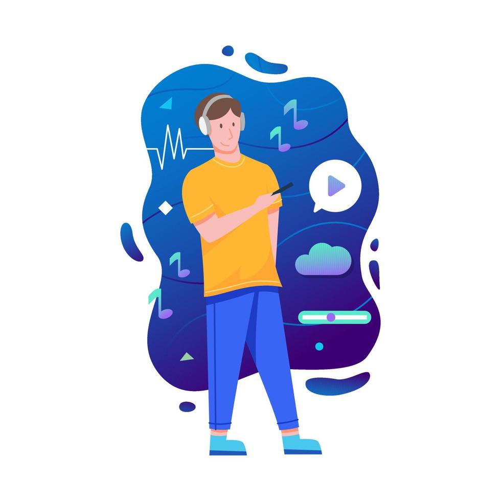 Man using headphones listen to music with mobile phone application vector
