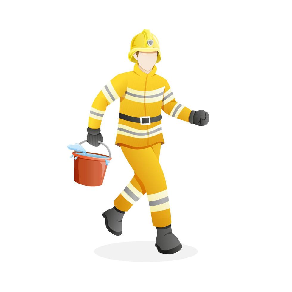 Male firefighter carry bucket filled with water vector