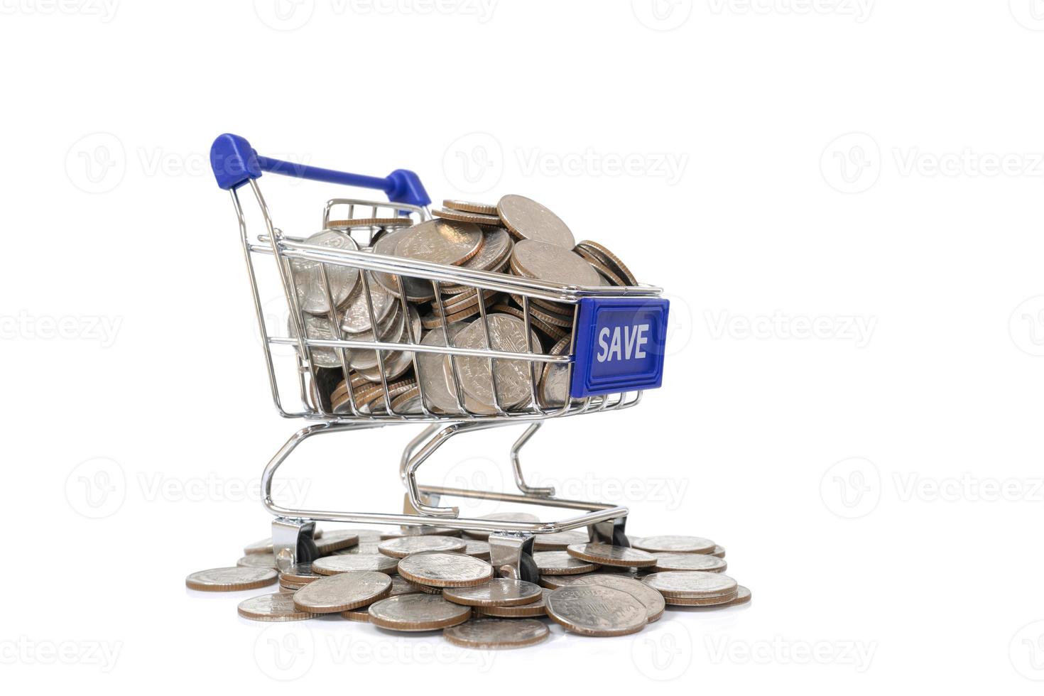 Save concept with shopping cart with full of coin. photo