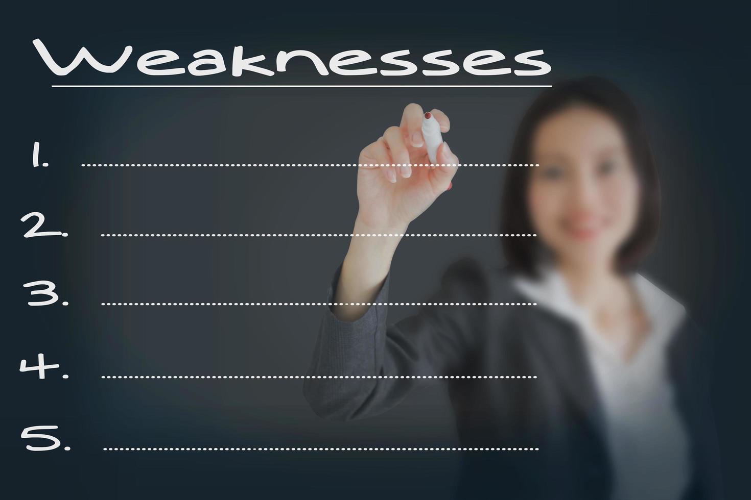 Beautiful businesswoman writing list of business weakness comparison photo