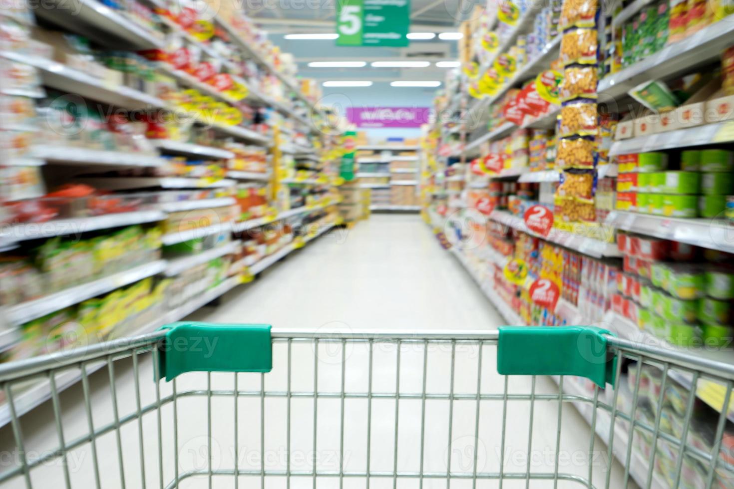 Shopping in supermarket shopping cart view with motion blur photo