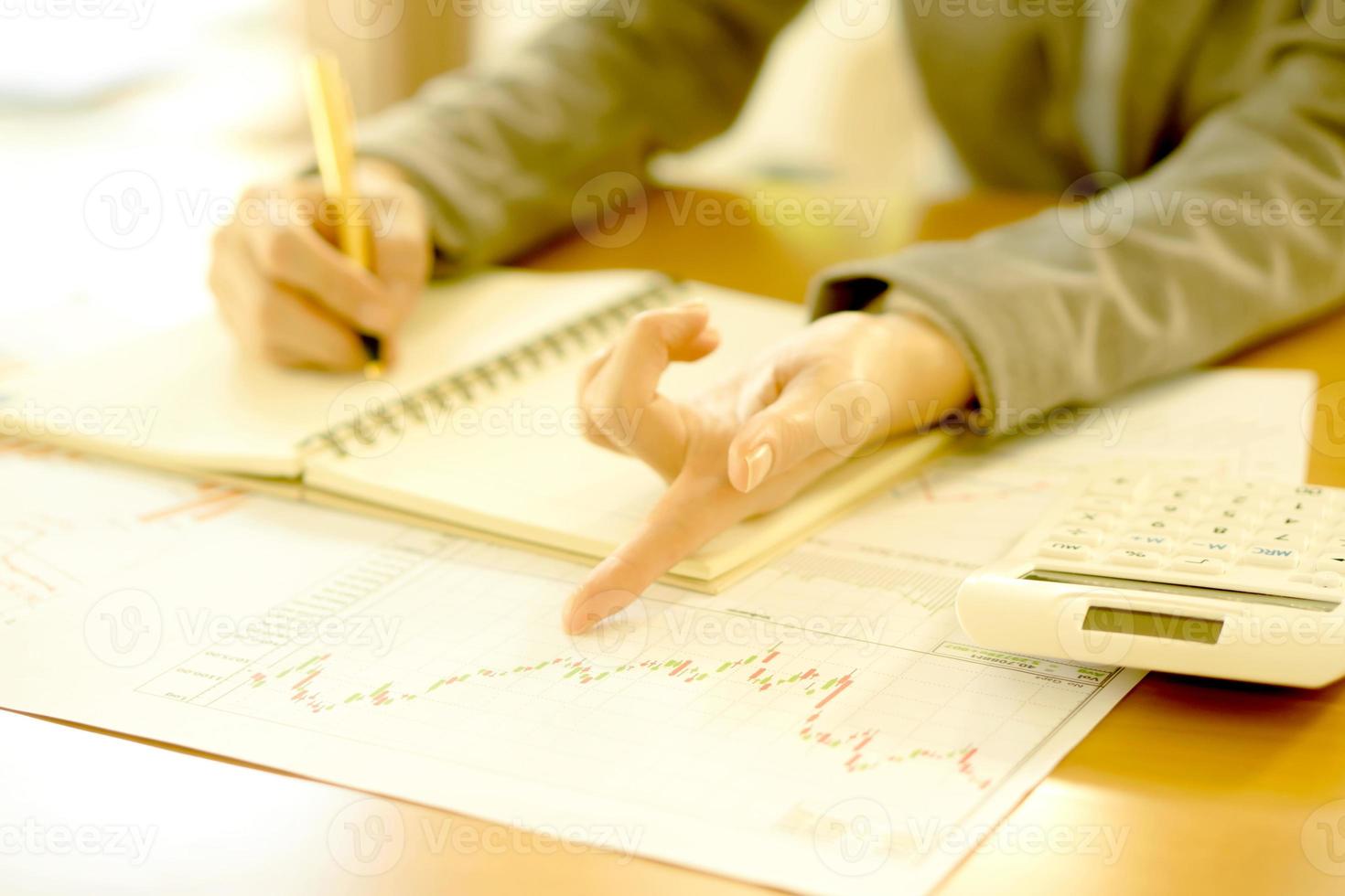 Young Businesswoman Analyzing Report On Chart With Calculator photo